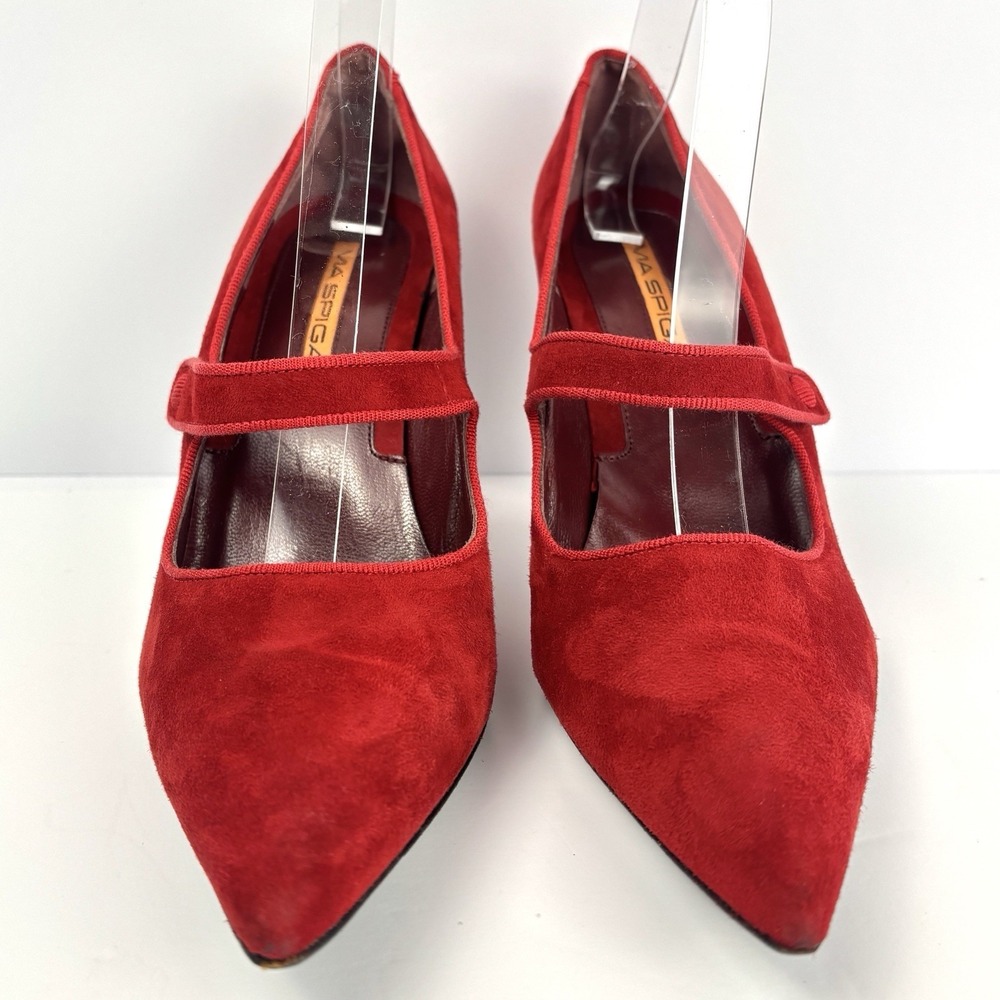 Via Spiga Red Suede Mary Jane Pumps Heels Women's 8.5 M Italy Pointed Toe 39 EU - Picture 9 of 13